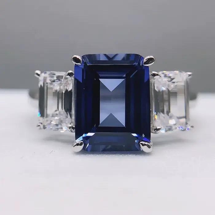 Bague de fiançailles en diamant bleu de laboratoire, or blanc massif 14 carats 585 taille émeraude 3 carats alliance de mariage romantique pour engagement et cadeau spécial