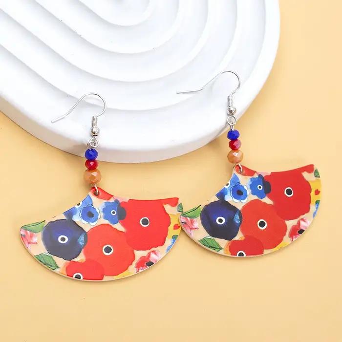 Boucles d'oreilles en acrylique en forme d'éventail à motif de fleurs colorées pour femmes, style vintage, légères, charmantes, bijoux élégants à porter au quotidien