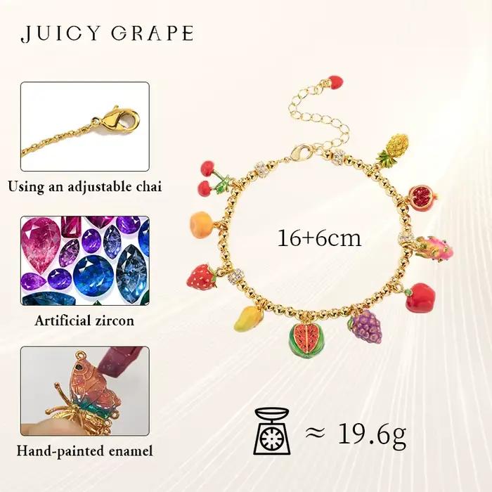 Bracelet plaqué or véritable 18 carats avec fruits émaillés, raisin juteux, Harvey, ananas, neutre d'eau, pomme, raisin, orange, cadeaux