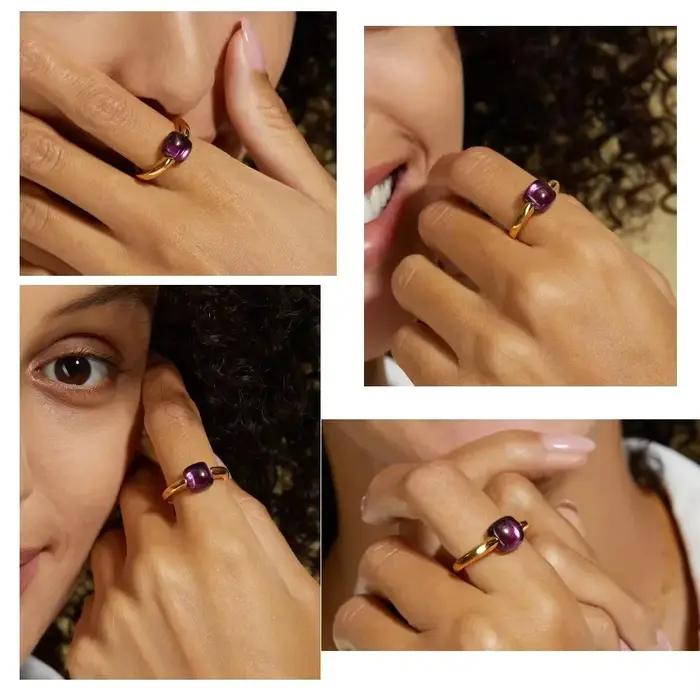 Bague carrée en argent Sterling 925 plaquée or 10K avec pierres précieuses incrustées pour femmes occasions spéciales cadeau de fête
