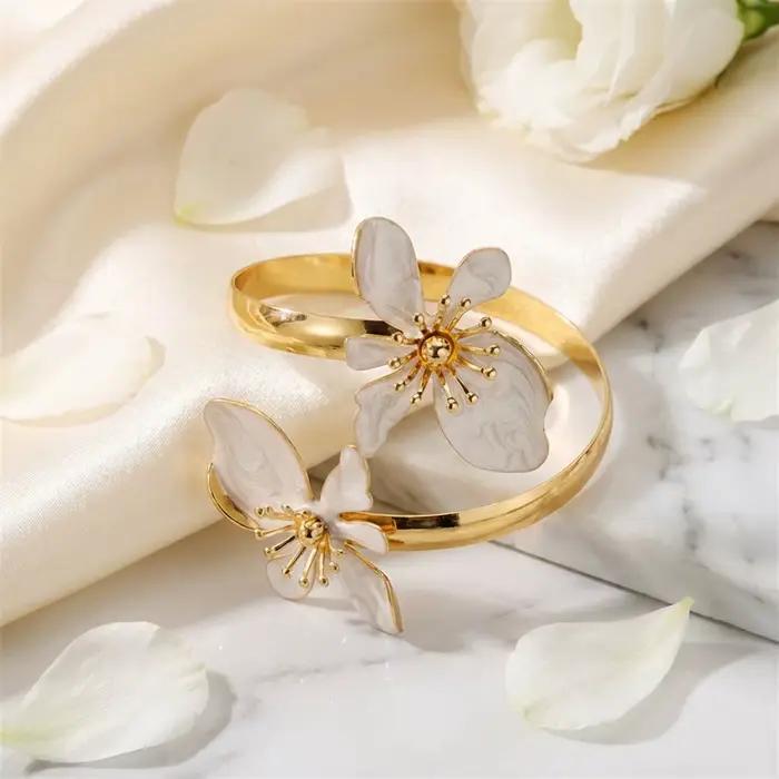 Bracelet manchette bohème chic 3D floral pour femme, jonc ouvert épais couleur or, réglable, bijoux d'été pour la plage