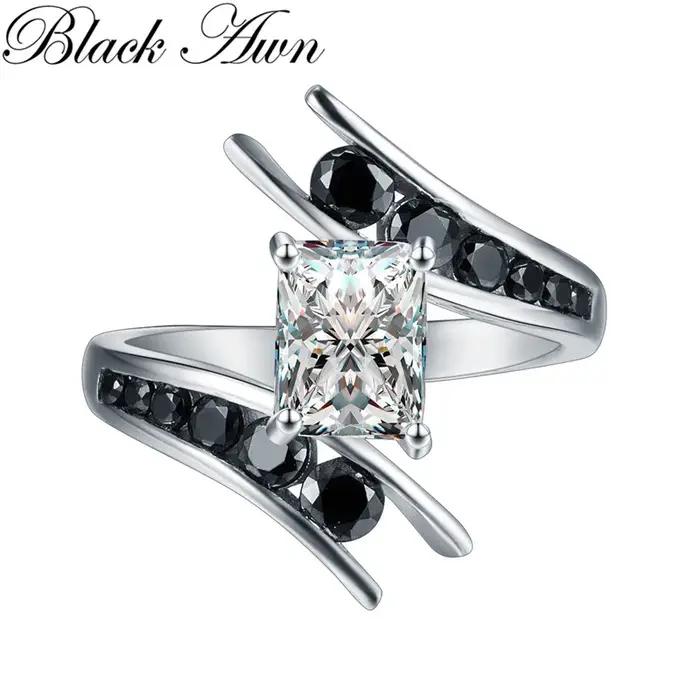 Beaux bijoux 100% véritable 925 en argent Sterling rangée de pierres noires bagues de fiançailles po