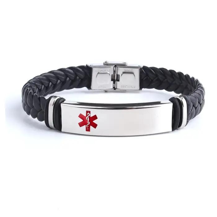 Bracelet en cuir tissé avec message personnalisé acier inoxydable pour homme femme sécurité style punk occassions spéciales