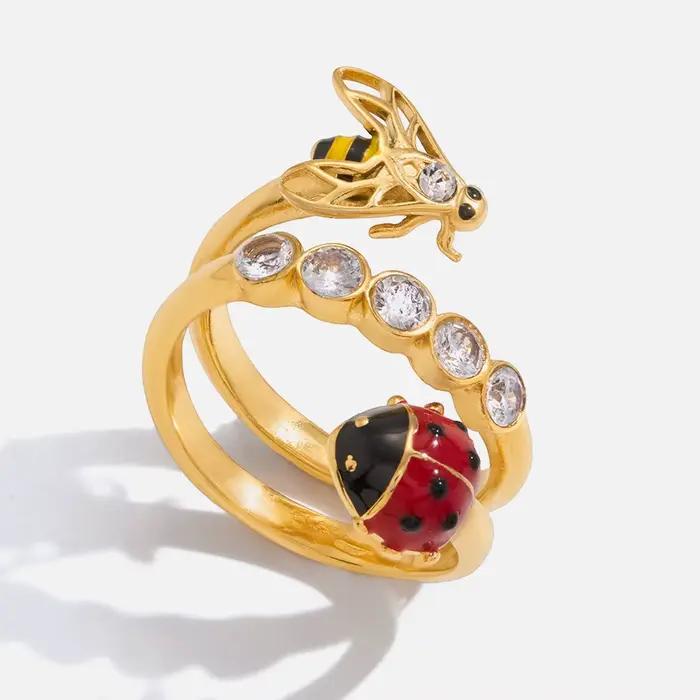 Ars – bague coccinelle abeille en acier inoxydable, plaqué or 18 carats, bagues en Zircon incrusté pour femmes, bague insectes en émail, bagues réglables