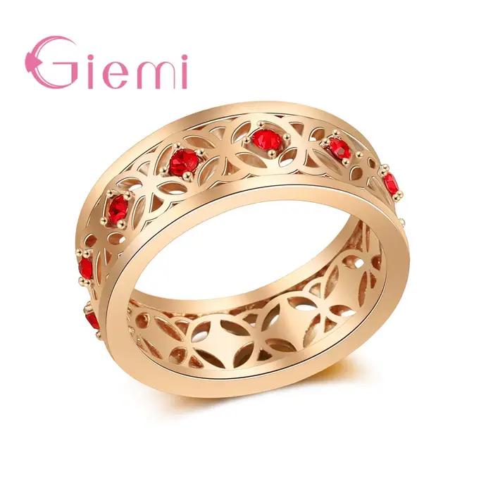 Bague centrale en cristal rouge incrusté creux pour femmes, couleur or Rose de haute qualité, bijoux