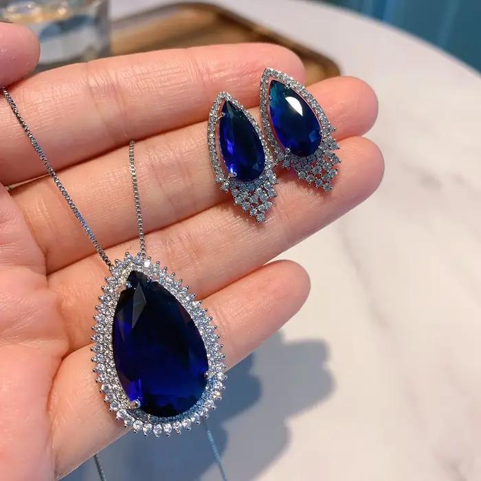 Parure de bijoux goutte d'eau en zircon et saphir élégante pour femmes mariage anniversaire cérémonie occasions spéciales