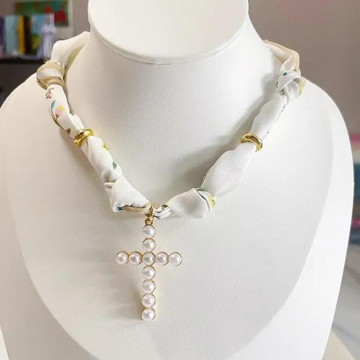 Collier à breloques écharpe-floral Beige et bleu avec perle blanche coeur croix Boho déclaration cadeau bijoux