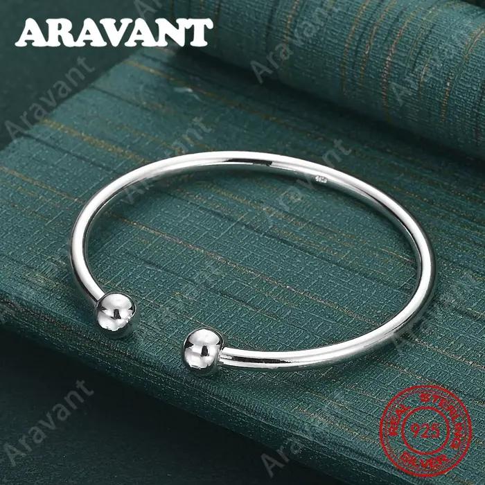 Bracelet ouvert en argent Sterling 925 avec incrustation de perles lisses réglables, accessoire de tous les jours Simple et élégant, bijoux