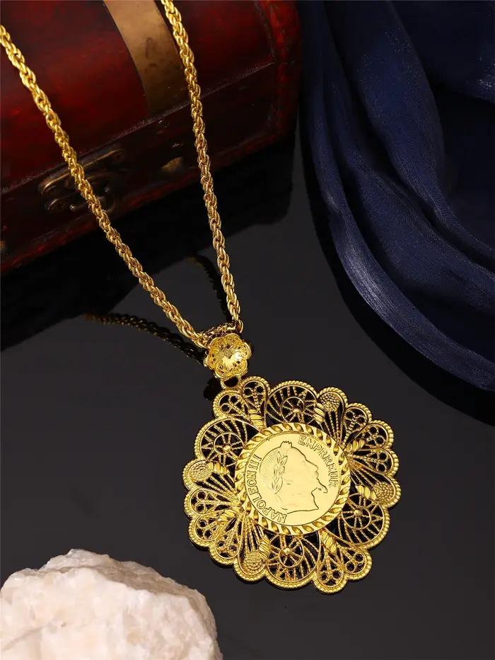 Collier vintage pour femme - Forme de fleur - Portrait Napoléon sculpté - Bijoux de banquet de festival pour dames