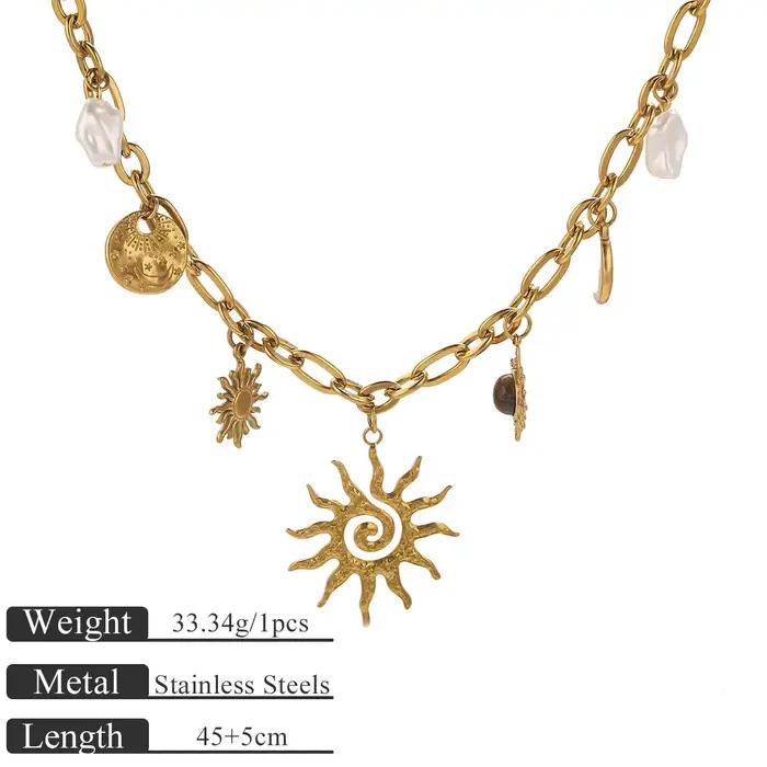 Jolivie – collier Vintage en acier inoxydable avec pendentif soleil en pierre naturelle pour femmes,