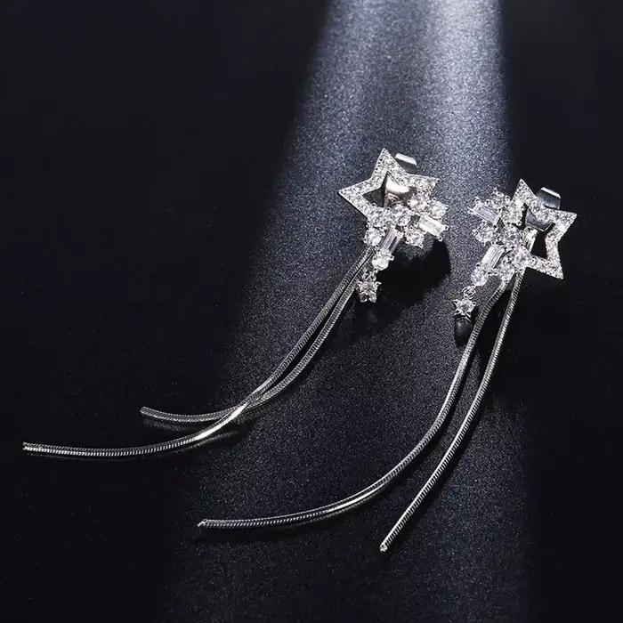 Boucles d'oreilles bohèmes étoilées en argent sterling 925 avec zirconium pour femmes, pendentifs longs pour parties et occasions spéciales