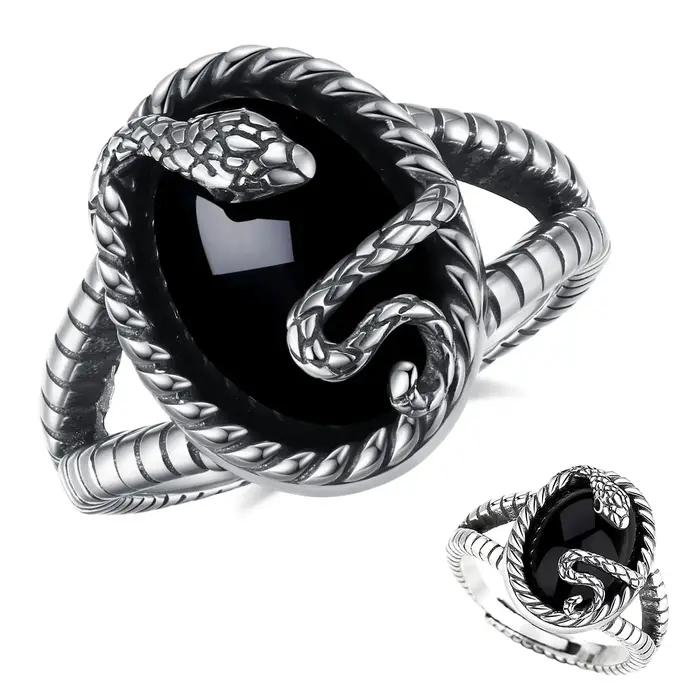 AEONSLOVE 925 bague serpent réglable en argent Sterling bague en obsidienne ovale Vintage bijoux païens cadeaux personnalisés pour hommes femmes