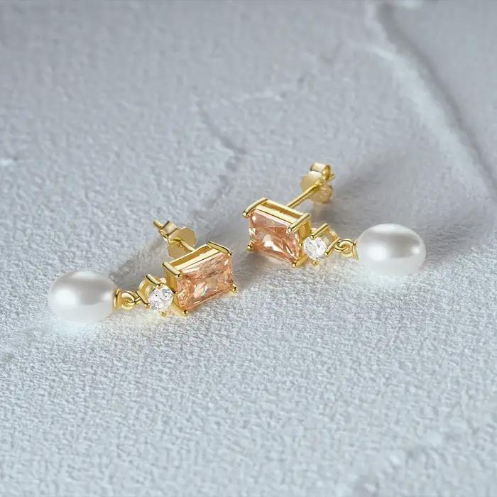 Boucles d'oreilles pendantes en argent regardé 925 avec perle de cristal pour femme