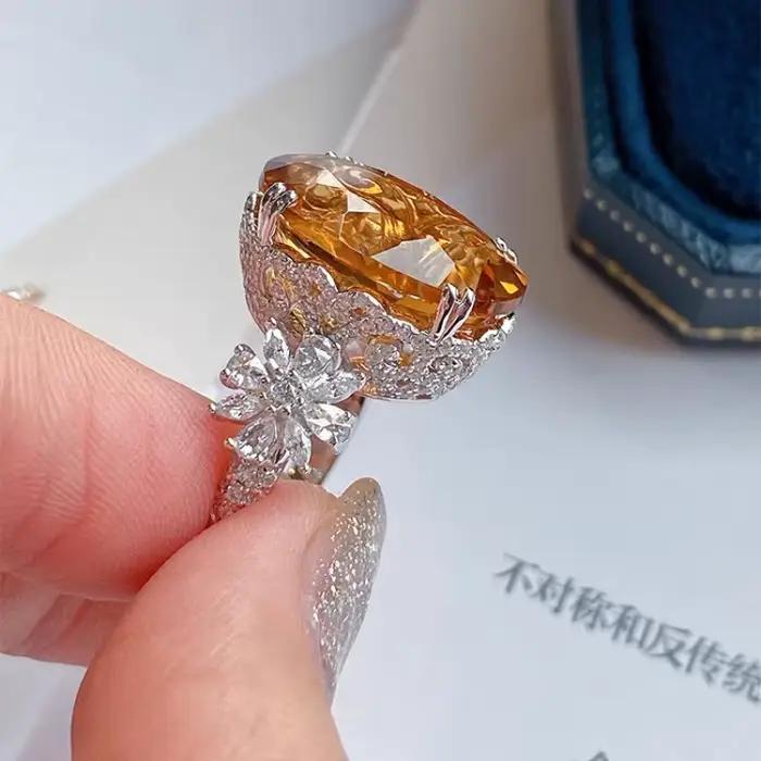 Bague en argent sterling 925 avec diamant champagne pour femmes, engagement, cérémonie, luxe, bijoux classiques, occasions spéciales