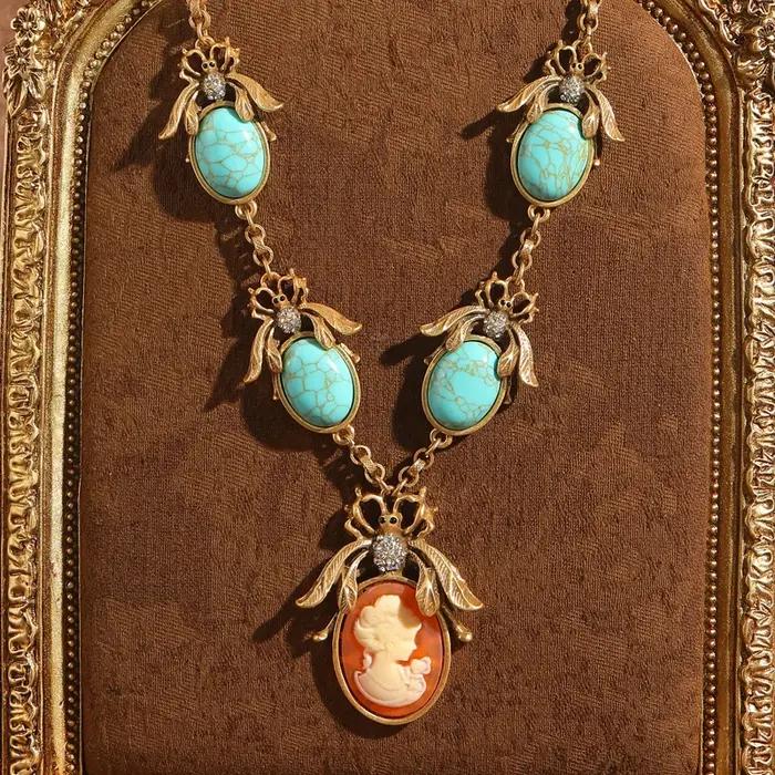 Parure de bijoux vintage en turquoise avec portrait camée, plaqué or antique, pendentif abeille en strass, collier, boucles d'oreilles et bague pour femme