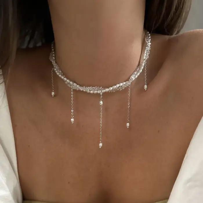 Collier pendentif chaîne à pampilles cristal et perles imprimées style bohème cadeau occasion spéciale femmes anniversaire saint valentin