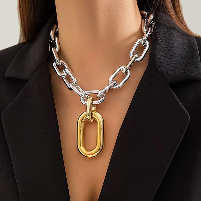 Colliers Minar Hip Hop Rock CCB Chunky Hollow Linked Cuban Chains pour femmes, en alliage d'aluminium, couleur contrastée or et argent, type choker
