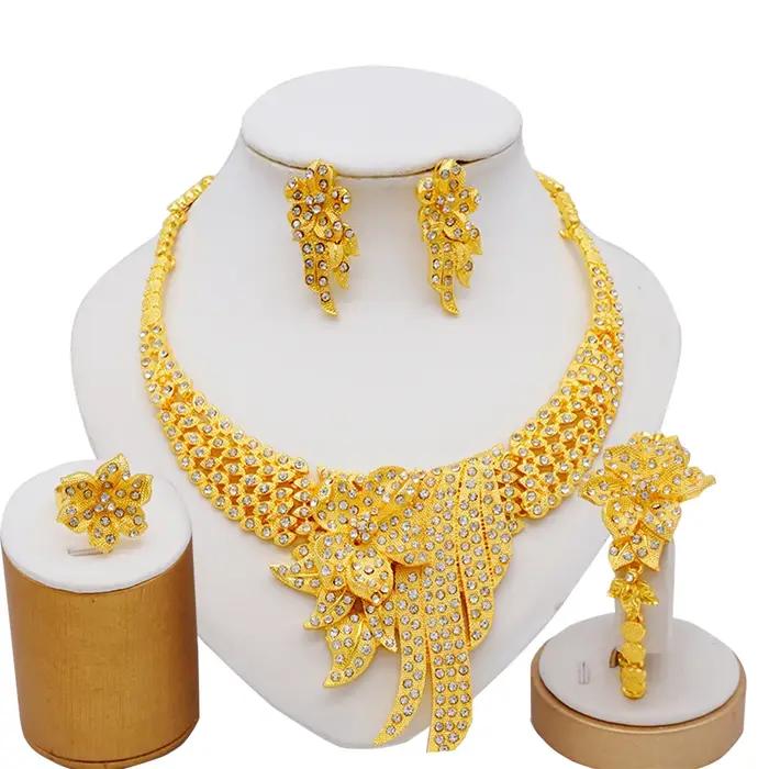 Parures de bijoux couleur or de Dubaï, cadeaux de mariage africains pour femmes, collier, bracelet,