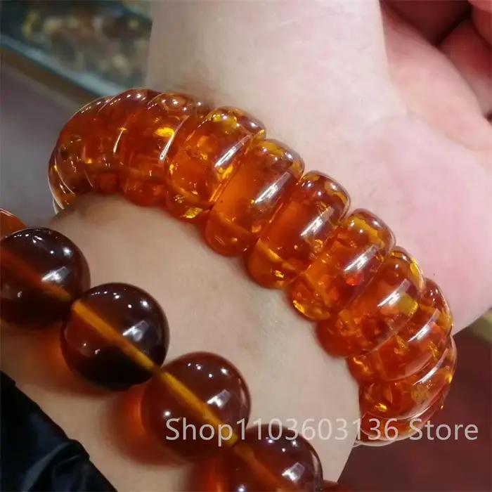 Bracelet large en ambre baltique naturel pour hommes et femmes, bijoux de guérison, pierres précieuses, ambre florale, élastique, amulette porte-bonheur