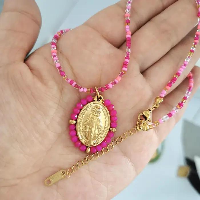 QMHJE vierge marie pendentif en acier inoxydable collier à breloques femmes tour de cou perles chaîne or argent couleur arc-en-ciel coloré bijoux