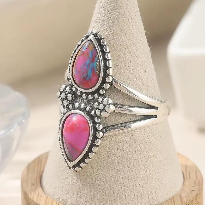 Bague en turquoise synthétique en forme de goutte d'eau de style bohème pour femme, bijoux vintage exquis pour banquets et vacances, accessoires artisanaux