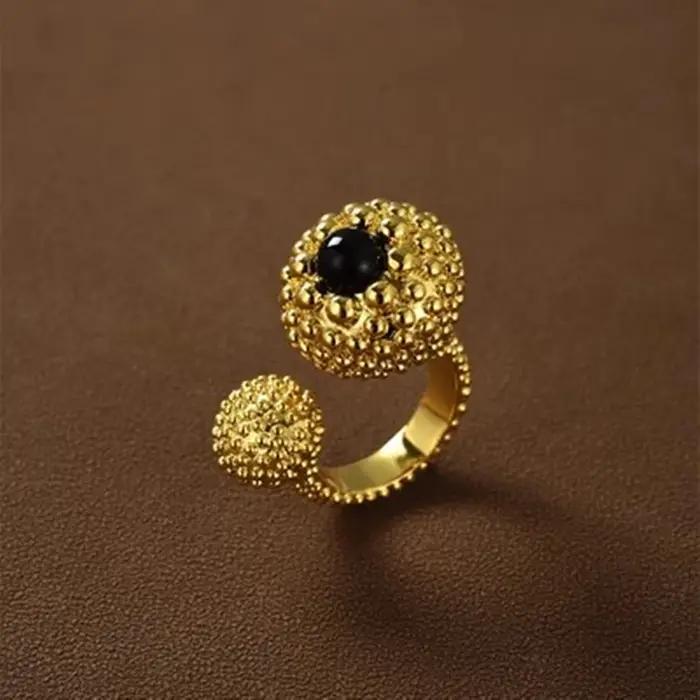 Bagues ouvertes épaisses en métal d'agate noire plaquée or Vintage pour femmes et filles