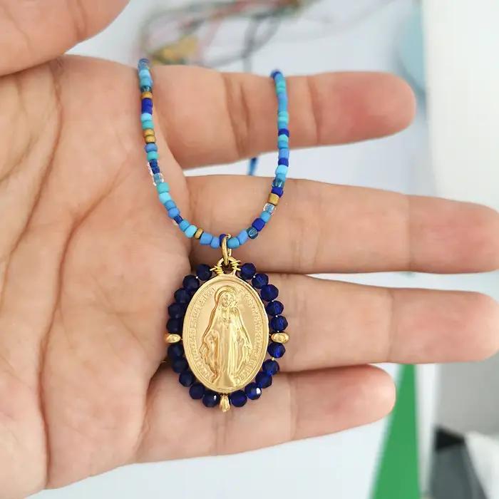 QMHJE vierge marie pendentif en acier inoxydable collier à breloques femmes tour de cou perles chaîne or argent couleur arc-en-ciel coloré bijoux