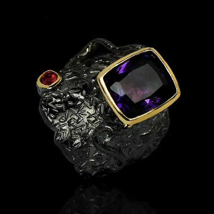 Bague incrustée violette pour hommes et femmes, bijoux exagérés en or noir, bijoux fins italiens, no