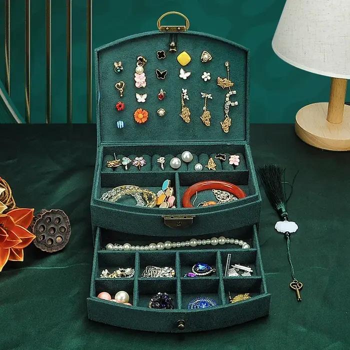 Boîte à bijoux en bois double couche avec doublure en velours pour rangement et protection de colliers et bijoux pour femmes occasions spéciales