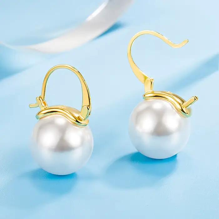 Boucles d'oreilles en argent sterling 925 sertie de perle ronde pour femmes mariage fiançailles soirées festives
