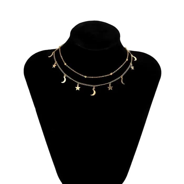 Étoile et lune pendentif clavicule collier Double couches perles minimaliste femmes mode Collares été quotidien Bijoux Bijoux