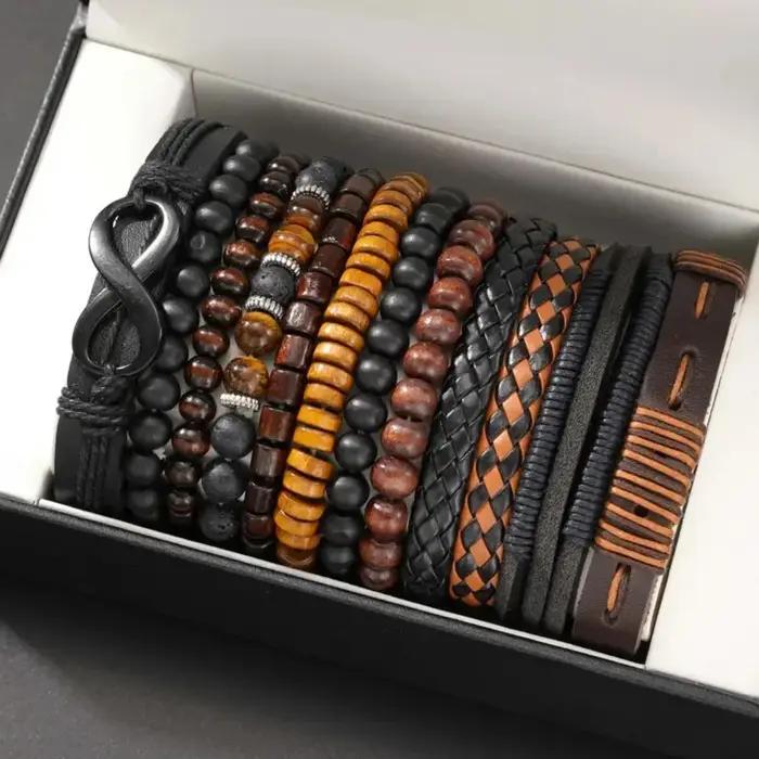 Ensemble de 12 bracelets vintage tissés en simili cuir œil de tigre et perles de pierre de lune pour accessoires de mode de fête décontractés occassions spéciales femmes