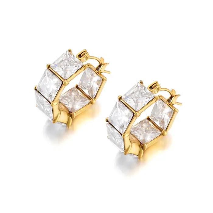 Boucles d'oreilles carrées tendance en acier inoxydable et zircone pour femmes, bijoux d'anniversaire et cadeau romantique pour occasions spéciales