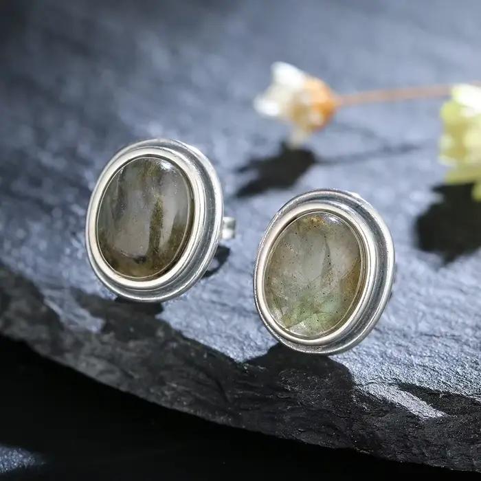 Boucles d'oreilles clous en labradorite naturelle 8x10MM pour femme, bijoux en argent sterling 925, style simple et vintage, cadeau d'anniversaire ou de fête