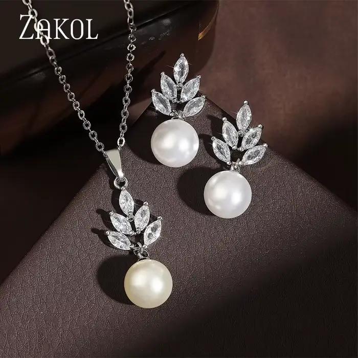 ZAKOL luxe zircone simulé perle boucles d'oreilles pendentif collier ensembles pour les femmes mode Ceystal élégant femmes bijoux de mariage