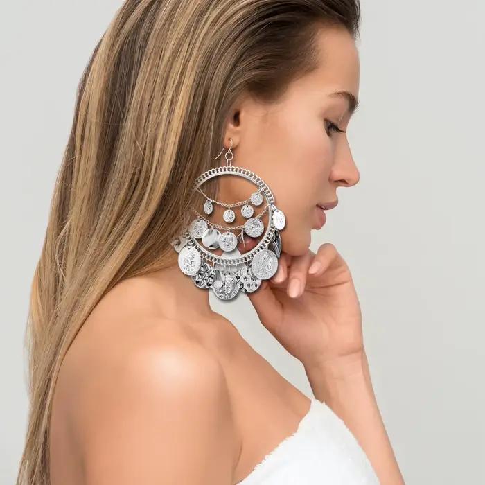 Boucles d'oreilles vintage tribales grand pendentif motifs géométriques bohèmes pour femmes occasions spéciales Halloween Noël cadeau fête