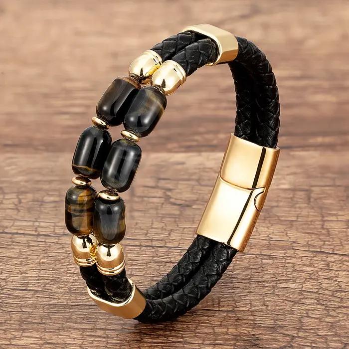 Bracelet en pierre naturelle œil de tigre en cuir tressé à la mode pour hommes et femmes occasions spéciales