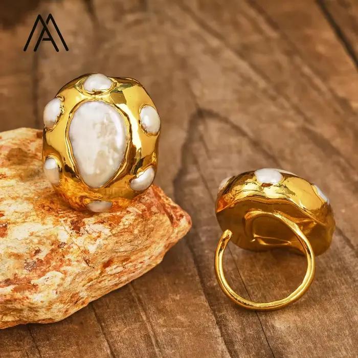 Bague en perle baroque plaquée or réglable pour femmes occasions spéciales engagement soirée mariage anniversaire unique