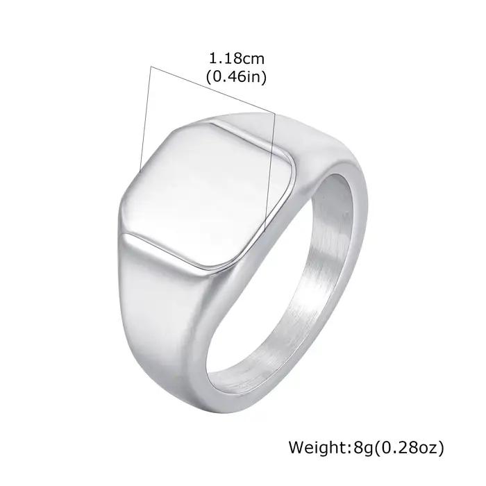 Bague chevalière carrée couleur argent pour hommes et femmes, bague en acier inoxydable brossé, bagu