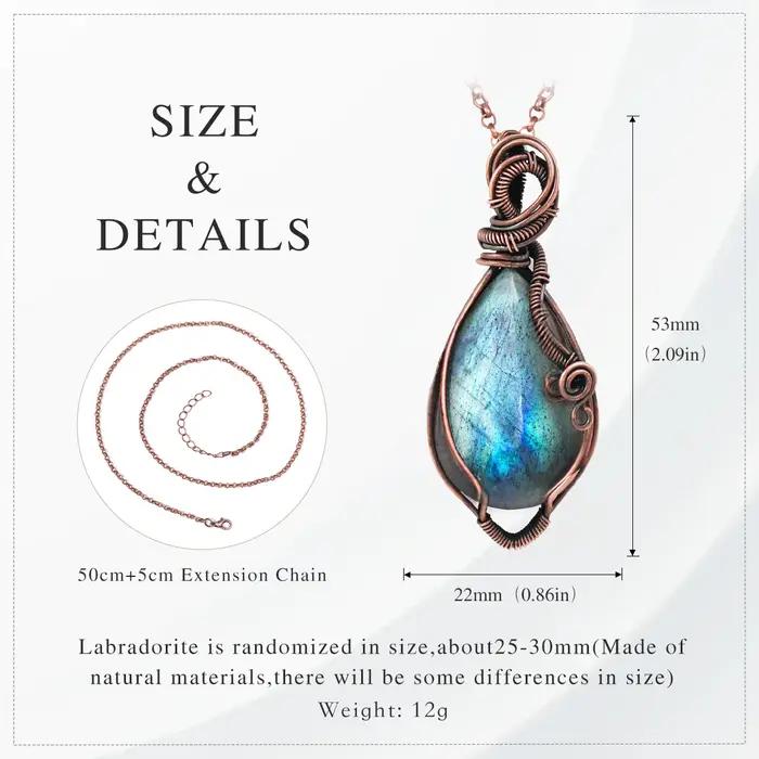 Collier pendentif en labradorite enveloppé de fil de cuivre fait main