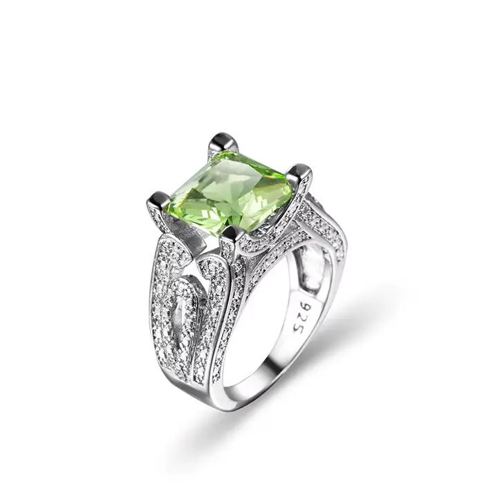 Bague de mariage de luxe pour femme, grand cristal vert, couleur argent, Zircon, carré, bijoux, cadeau pour petite amie
