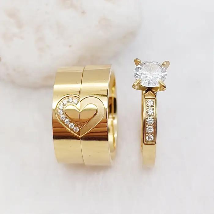 Love Alliance 3 pièces promesse de mariage bagues de fiançailles ensembles pour hommes et femmes 24k plaqué or Couple anneaux avec coeur symbole conception