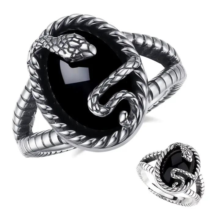AEONSLOVE 925 bague serpent réglable en argent Sterling bague en obsidienne ovale Vintage bijoux paï