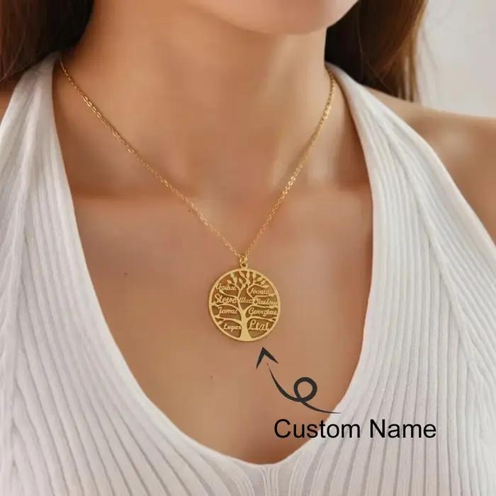 Collier personnalisé Arbre de Vie avec prénoms, pour Mère, Enfants, Membres de la Famille, en Acier