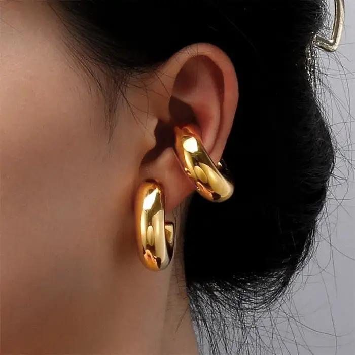 Boucles d'oreilles créoles épaisses en forme de C pour femmes, cercle brillant, couleur or argent, acier inoxydable, pour occasions spéciales et quotidienne, cadeau pour maman, filles, dames, amies