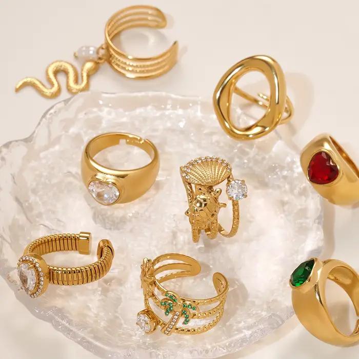 Bague en forme de cœur en Zircon rouge et vert pour femmes, en acier inoxydable 316, plaqué or, gros anneau serpent ouvert, bijoux tendance pour filles