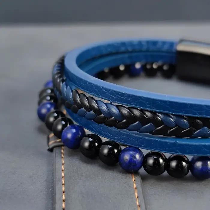2025 nouveau Punk hommes Bracelets de perles classique mode bleu lapis lazuli perlé multicouche Bracelet en cuir