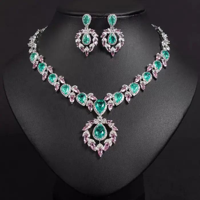 Parure de bijoux rose et vert de luxe léger, collier et boucles d'oreilles élégants, pour mariée, robe de soirée, cadeau pour femme