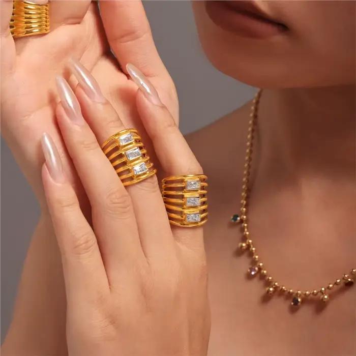 Bague superposée en acier inoxydable 316L pour femmes, plaqué or 18 carats incrusté de Zircon brillant, anneaux larges pour femmes, Style Hiphop Rock