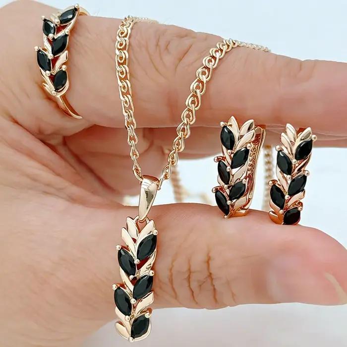 Parure de bijoux ethniques vintage couleur or rose avec zircon noir naturel brillant pour femme occasions spéciales